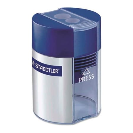 Staedtler C/O Sp Richards Staedtler Handheld Manual Double-Hole Plastic Sharpener, 1.57in x 1.65in x 2.2in, Blue/Slvr, 6/Bx 512001BK03